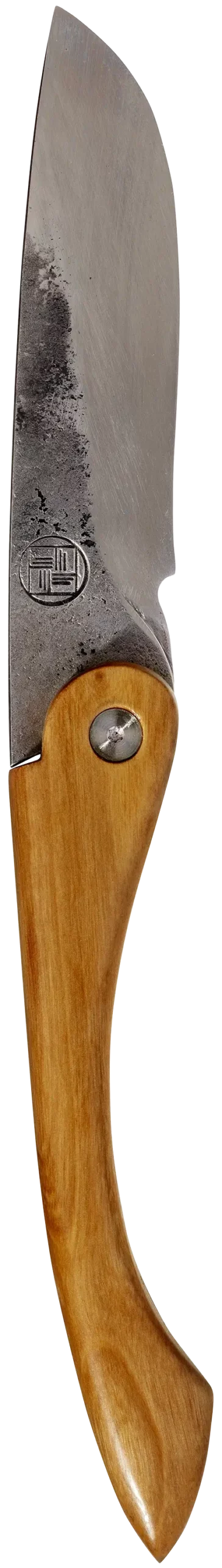 couteau pliant fermé avec une lame longue et étroite ainsi qu'un manche en bois naturel