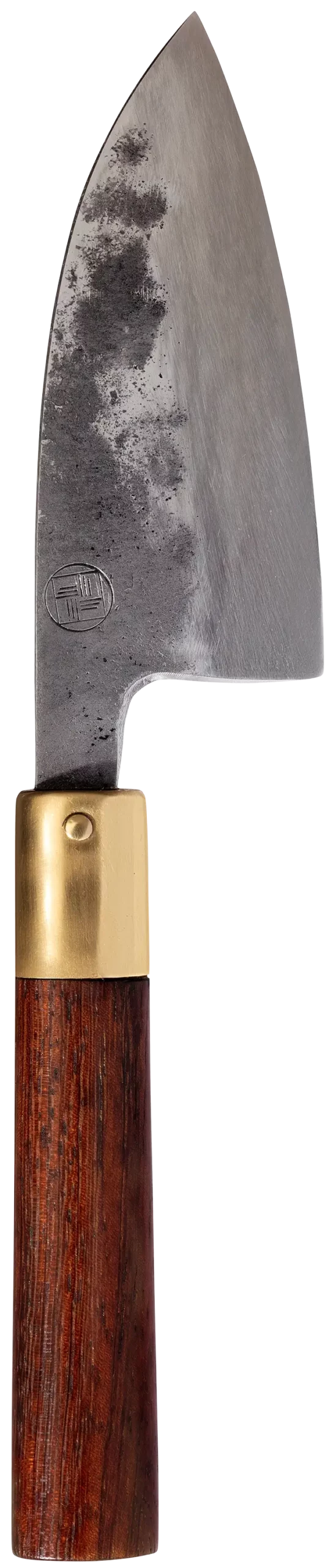 couteau pliant fermé avec une lame longue et étroite ainsi qu'un manche en bois naturel