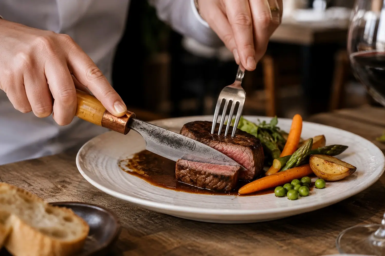 couteau de cuisine forgé main avec un manche en bois et une virole